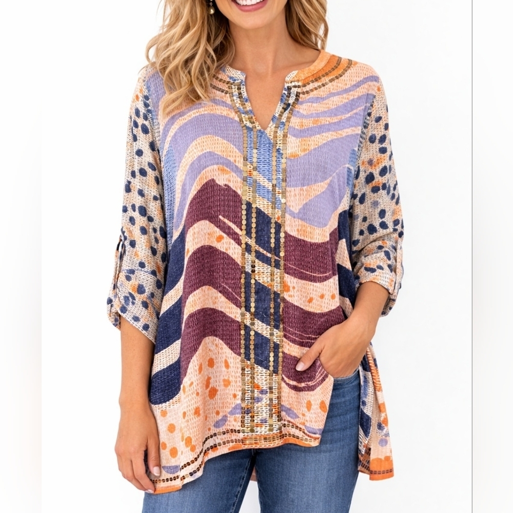 Chico’s Women’s Tunic Top Size Medium Sheer Abstract Print Roll Tab Sleeves